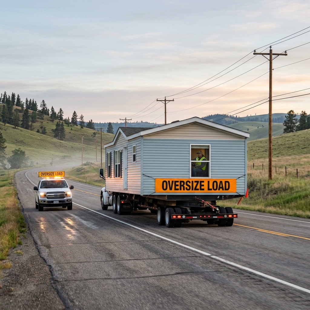 A manufactured home section on its transport chassis being hauled by a toter truck on a highway